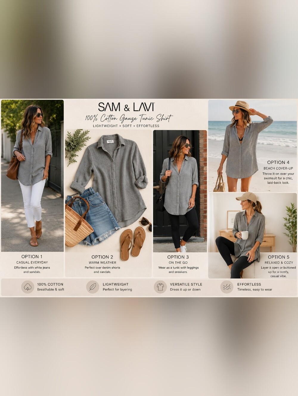 SAM & LAVI 100% Cotton Gauze Tunic Shirt Gray XS Button Front Coastal Boho